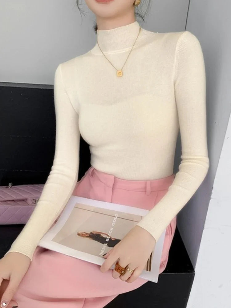 2026 Vintage Basic Solid Knitted Tops Autumn Winter Women Sweater Casual Slim Turtleneck Pullovers Korean Simple Chic Sweate