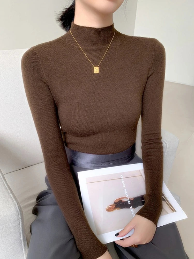 2026 Vintage Basic Solid Knitted Tops Autumn Winter Women Sweater Casual Slim Turtleneck Pullovers Korean Simple Chic Sweate