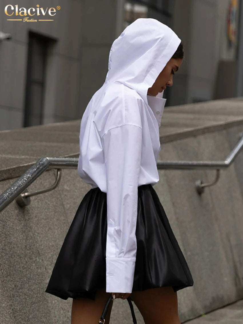 Clacive Fashion Loose White Cotton Women’s Shirt 2025 Elegant Hooded Long Sleeve Blouses Streetwear Solid Top Female Clothing