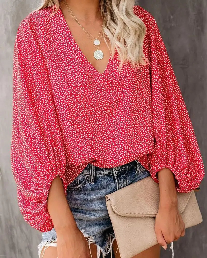2026 New European and American Cross Boder Spring/Summer/Autumn V-neck Casual Shirt Printed Lantern Sleeve Top Women’s W