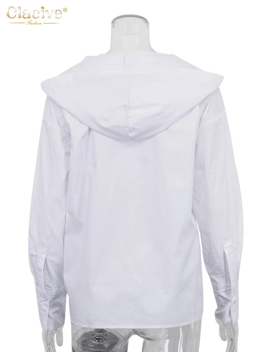 Clacive Fashion Loose White Cotton Women’s Shirt 2025 Elegant Hooded Long Sleeve Blouses Streetwear Solid Top Female Clothing