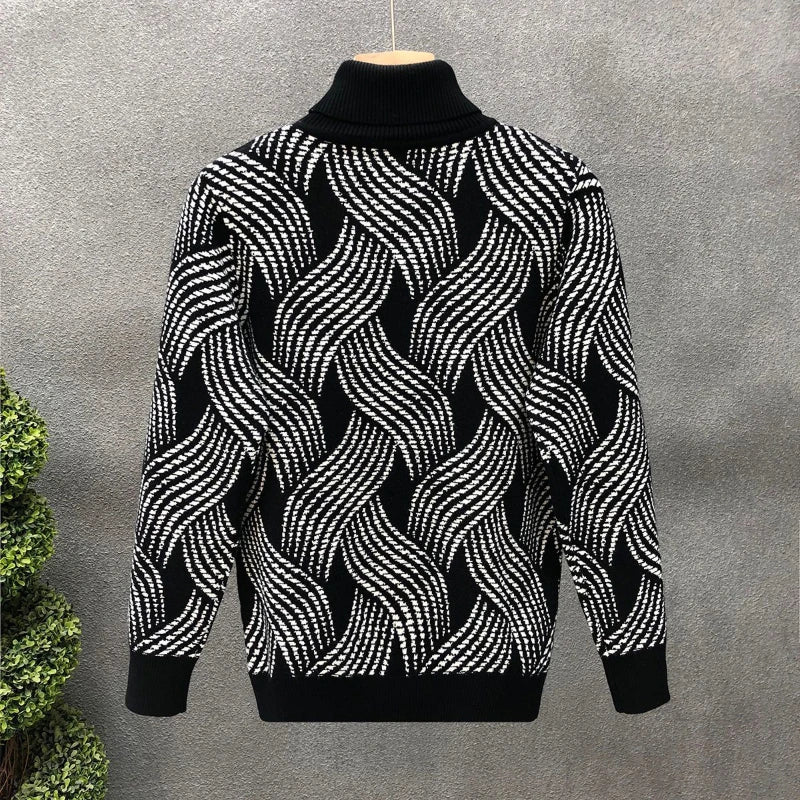 Autumn Winter T-Shirts Men Turtleneck Printing Plus Velvet Thicken Fashion Long Sleeve Loose Warm Pullovers Bottoming Shirt Tops