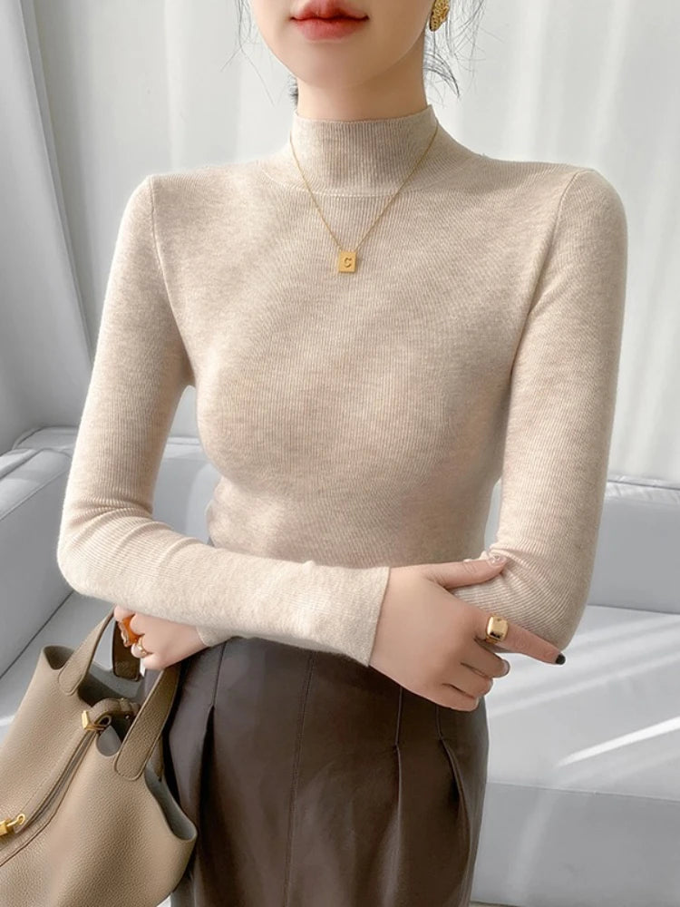 2026 Vintage Basic Solid Knitted Tops Autumn Winter Women Sweater Casual Slim Turtleneck Pullovers Korean Simple Chic Sweate